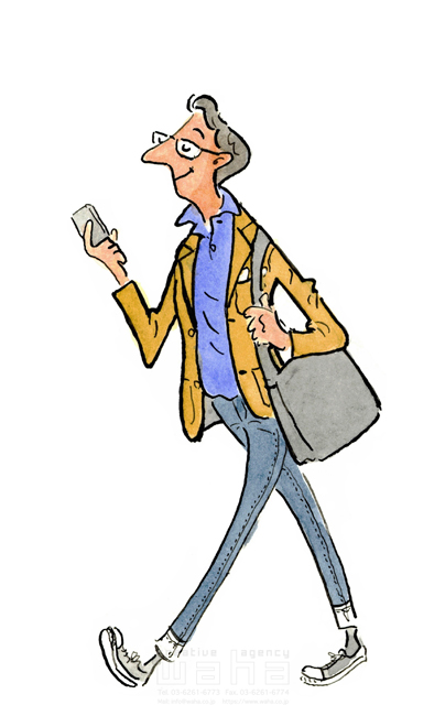 イラスト＆写真のストックフォトwaha（ワーハ）　水彩、人物、人、男性、大人、スマホ、スマートフォン、帰り道、歩く、おしゃれ、メガネ、カジュアル、おじさん、中高年、中年　桑原 節　20-0268b