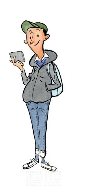 イラスト＆写真のストックフォトwaha（ワーハ）　水彩、人物、人、男性、大人、スマホ、スマートフォン、歩く、おしゃれ、カジュアル、バックパック、若者　桑原 節　20-0269b