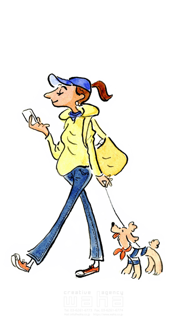 イラスト＆写真のストックフォトwaha（ワーハ）　水彩、人物、人、女性、大人、スマホ、スマートフォン、歩く、おしゃれ、カジュアル、若者、犬、ペット、散歩　桑原 節　20-0270b