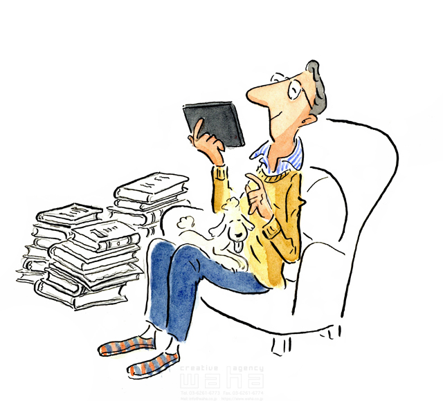 イラスト＆写真のストックフォトwaha（ワーハ）　水彩、人物、人、男性、大人、ソファ、本、リビング、書斎、読書、犬、ペット、くつろぐ、安らぎ、憩い、休憩、メガネ、お父さん、父親　桑原 節　20-0271b