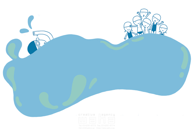 イラスト＆写真のストックフォトwaha（ワーハ）　人、人々、人物、男性、女性、男の子、女の子、子供、プール、水遊び、水泳、泳ぐ、夏、学校、運動、水�　石津 淳子　20-0274b