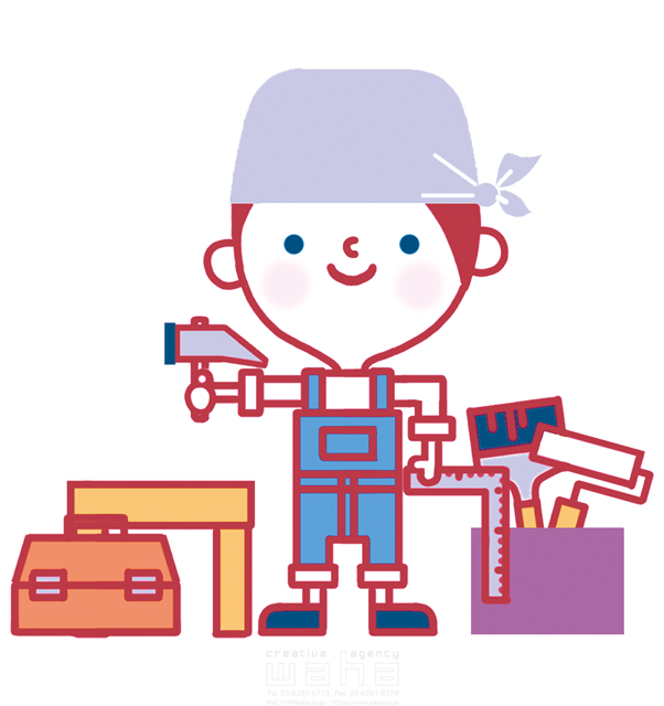 イラスト＆写真のストックフォトwaha（ワーハ）　人、人物、職人、大工、カーペンター、作る、DIY、技術、ものづくり、可愛い、キャラクター、ポップ、明るい　石津 淳子　20-0278b