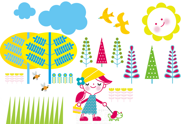 イラスト＆写真のストックフォトwaha（ワーハ）　人、人物、女性、散歩、犬、ペット、花、自然、森、公園、木、草、歩く、可愛い、キャラクター、ポップ、明るい、生活　石津 淳子　20-0279c