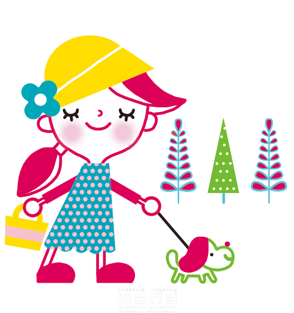 イラスト＆写真のストックフォトwaha（ワーハ）　人、人物、女性、散歩、犬、ペット、花、自然、森、公園、木、草、歩く、可愛い、キャラクター、ポップ、明るい、生活　石津 淳子　20-0280b