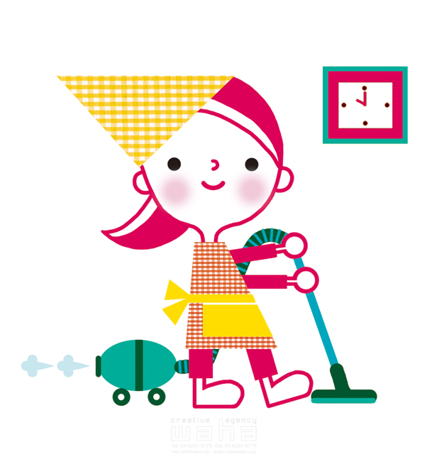 イラスト＆写真のストックフォトwaha（ワーハ）　人、人物、女性、主婦、奥さん、掃除、清掃、掃除機、可愛い、キャラクター、ポップ、明るい、生活　石津 淳子　20-0283b