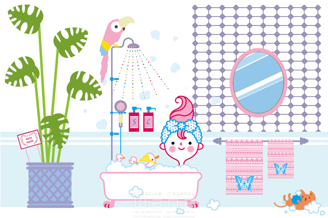 イラスト＆写真のストックフォトwaha（ワーハ）　人、人物、女性、お風呂、入浴、リラックス、癒やし、可愛い、キャラクター、ポップ、明るい、生活、シャワー　石津 淳子　20-0284c