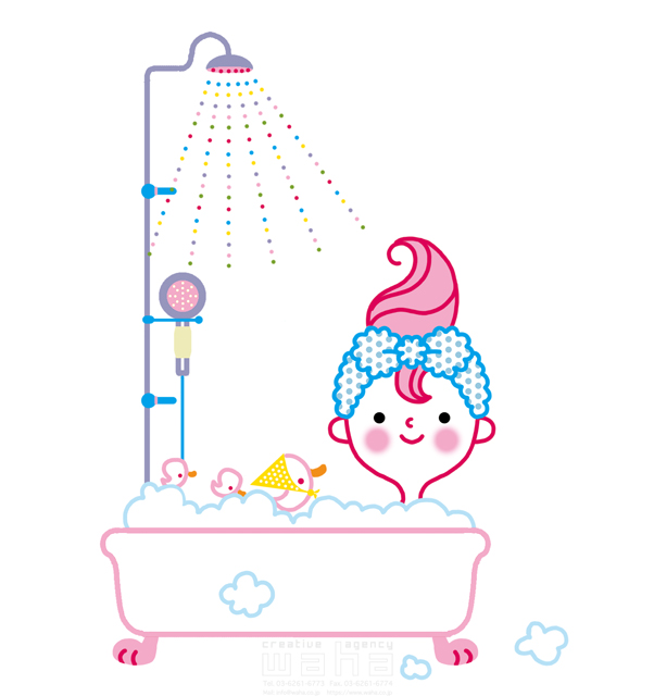 イラスト＆写真のストックフォトwaha（ワーハ）　人、人物、女性、お風呂、入浴、リラックス、癒やし、可愛い、キャラクター、ポップ、明るい、生活、シャワー　石津 淳子　20-0285b