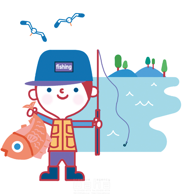 イラスト＆写真のストックフォトwaha（ワーハ）　人、人物、男性、釣り、釣り竿、フィッシング、魚、漁、漁業、海、自然、可愛い、キャラクター、ポップ、明るい、生活、趣味　石津 淳子　20-0286b