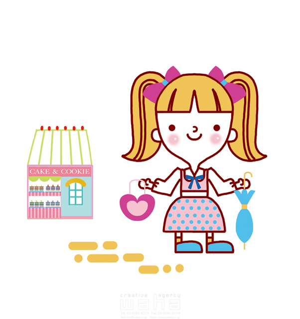 イラスト＆写真のストックフォトwaha（ワーハ）　人、人物、女性、買物、お出かけ、ショッピング、屋外、お店、可愛い、キャラクター、ポップ、明るい、生活　石津 淳子　20-0287b