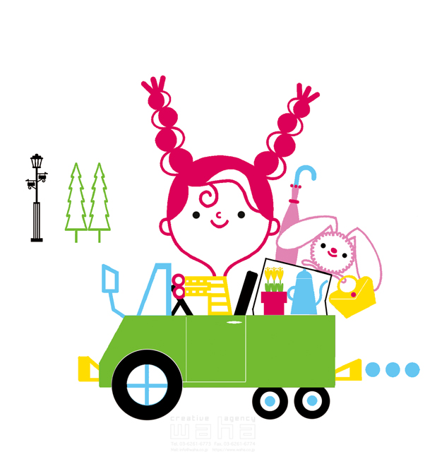 イラスト＆写真のストックフォトwaha（ワーハ）　人、人物、女性、買物、お出かけ、ショッピング、屋外、車、カーライフ、ドライブ、デリバリー、カッコいい、可愛い、キャラクター、ポップ、明るい、生活　石津 淳子　20-0288b