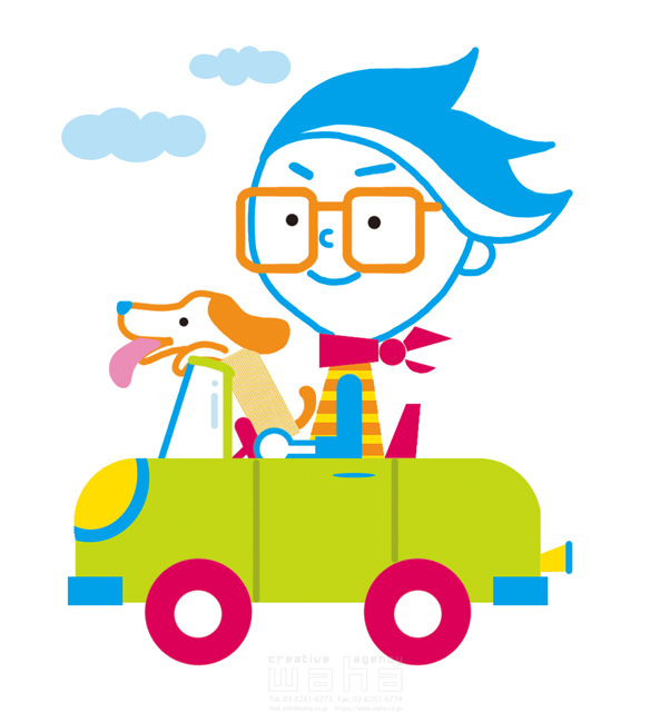 イラスト＆写真のストックフォトwaha（ワーハ）　人、人物、男性、車、カーライフ、ドライブ、カッコいい、クール、犬、ペット、可愛い、キャラクター、ポップ、明るい、生活　石津 淳子　20-0290a