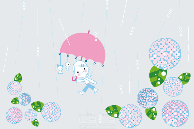 イラスト＆写真のストックフォトwaha（ワーハ）　人、人物、女性、雨、天気、傘、あじさい、季節、梅雨、てるてる坊主、花、自然、可愛い、キャラクター、ポップ、明るい、生活　石津 淳子　20-0292c
