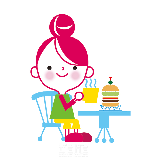 イラスト＆写真のストックフォトwaha（ワーハ）　人、人物、女性、カフェ、ランチ、休憩、散歩、お出かけ、可愛い、キャラクター、ポップ、明るい、生活　石津 淳子　20-0294b