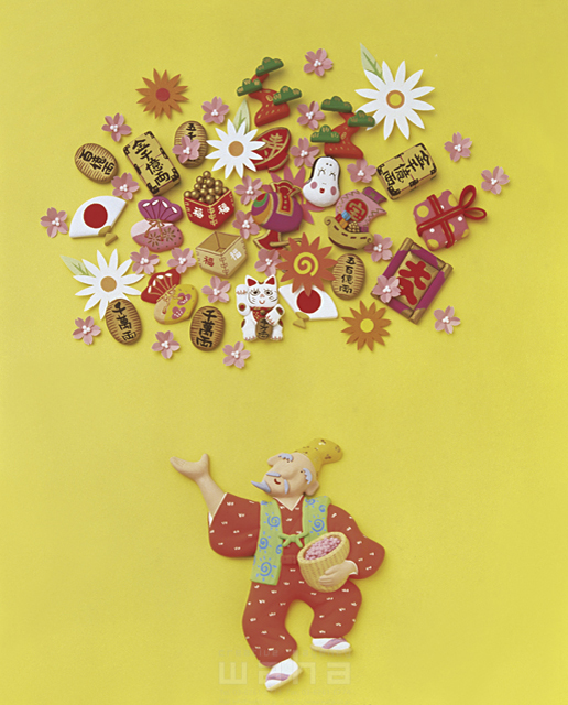 イラスト＆写真のストックフォトwaha（ワーハ）　粘土、クラフト、おめでとう、正月、元旦、お祝い、立体、寿、七福神、幸運、幸福、招き猫、縁起物、花咲かじいさん、桜、日の丸、昔話、日本　サキ ナオコ　3-0039c