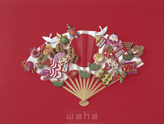 イラスト＆写真のストックフォトwaha（ワーハ）　粘土、クラフト、おめでとう、正月、元旦、お祝い、立体、寿、七福神、幸運、幸福、縁起物、扇子、日の丸、日本　サキ ナオコ　3-0040c
