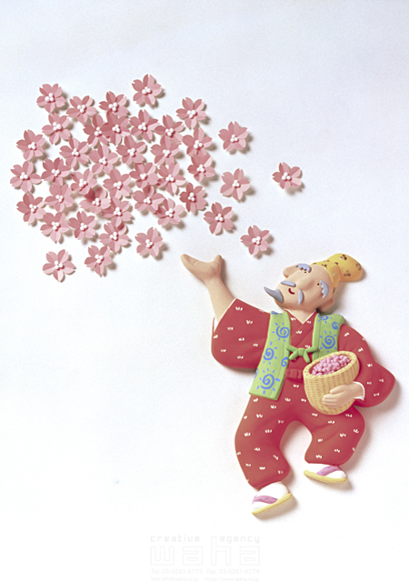 イラスト＆写真のストックフォトwaha（ワーハ）　粘土、クラフト、おめでとう、お祝い、立体、幸運、幸福、花咲かじいさん、桜、昔話、日本　サキ ナオコ　3-0049c