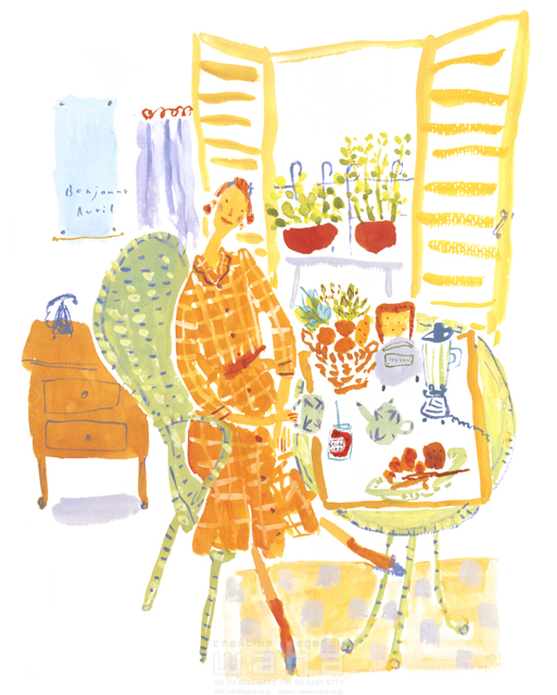 イラスト＆写真のストックフォトwaha（ワーハ）　女性、朝食、窓、椅子、パン、午後、植物、食事　すがわら けいこ　3-0891c