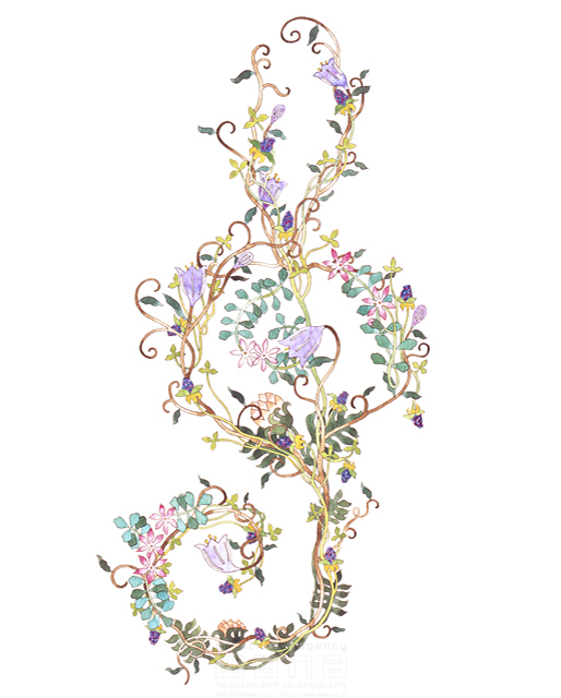 イラスト＆写真のストックフォトwaha（ワーハ）　植物、花、記号、音楽、音符、エコロジー、ト音記号　清水 幸枝　4-0990b