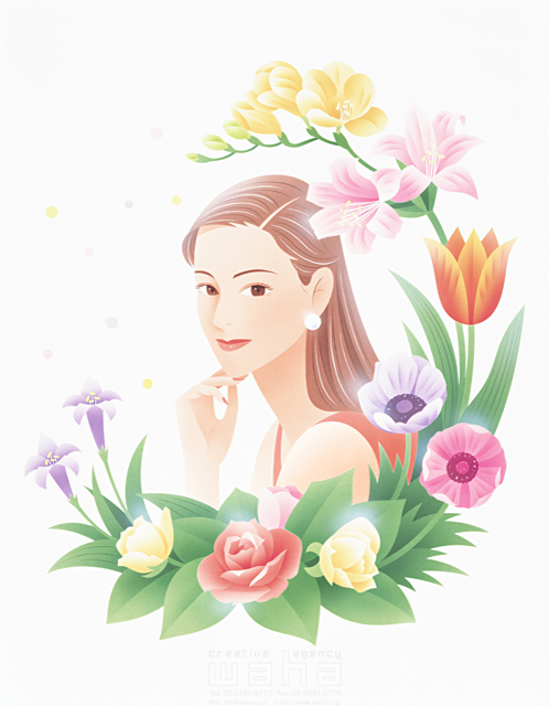 イラスト＆写真のストックフォトwaha（ワーハ）　人物、女性、花、植物、華やか、美しい　カネヒラ・ヤスコ　4-1003c