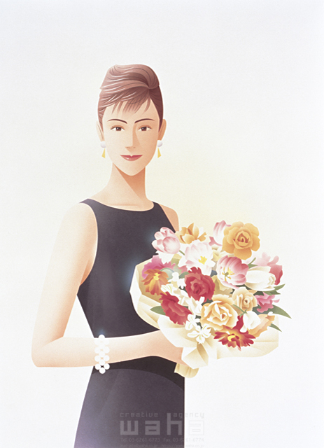 イラスト＆写真のストックフォトwaha（ワーハ）　人物、女性、花束、植物、記念日、贈り物　カネヒラ・ヤスコ　4-1009c