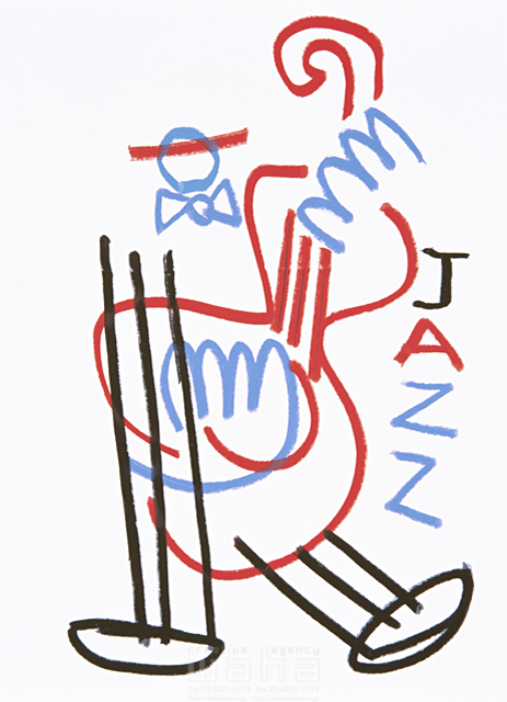 イラスト＆写真のストックフォトwaha（ワーハ）　ジャズ、アナログ、男性、人物イメージ、クレヨン、色鉛筆、音楽、楽器　ひろむ・タナカ　4-1203b