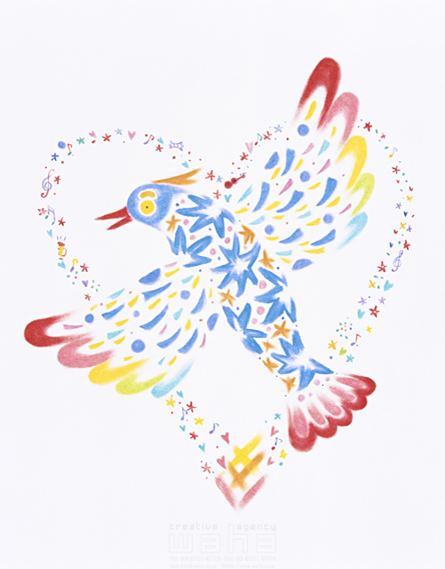 イラスト＆写真のストックフォトwaha（ワーハ）　色鉛筆、アナログ、カラフル、ハート、愛情、幸福、鳥　ひろむ・タナカ　4-1211b