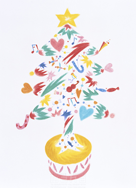 イラスト＆写真のストックフォトwaha（ワーハ）　クリスマスツリー、カラフル、クリスマス、イベント、アナログ、冬、プレゼント、パーティー　ひろむ・タナカ　4-1234b