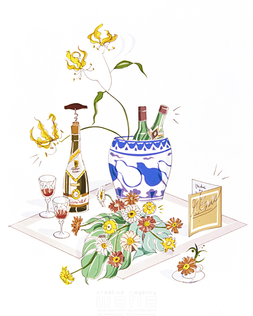 イラスト＆写真のストックフォトwaha（ワーハ）　花、ワイン、レストラン、お祝い、イベント、飲食店、食事　峯岸 由江　4-1568b