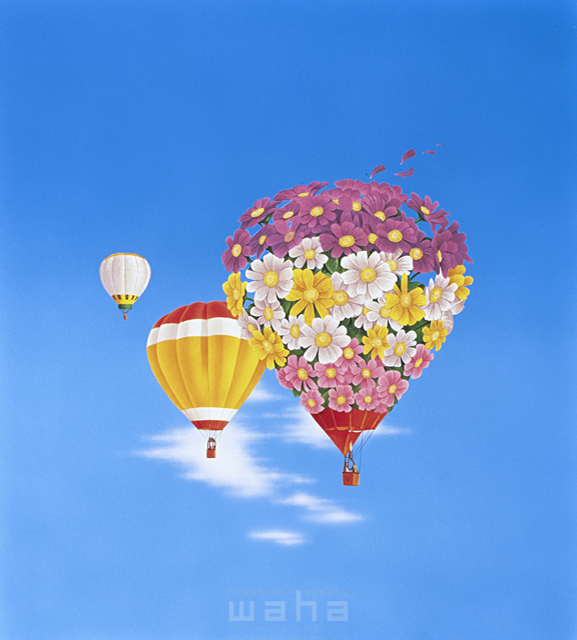 イラスト＆写真のストックフォトwaha（ワーハ）　花、空、気球、飛ぶ、花束、幸せ、青空、景色　三原 ヒロシ　4-1634c