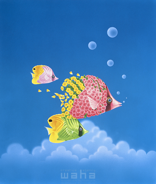イラスト＆写真のストックフォトwaha（ワーハ）　空、魚、花、海、水中、夏、涼しげ、泳ぐ、カラフル　三原 ヒロシ　4-1642c
