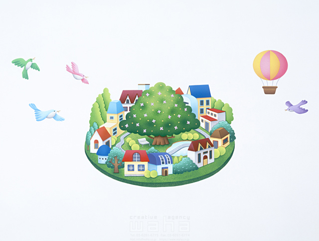 イラスト＆写真のストックフォトwaha（ワーハ）　風景、鳥、ミニチュア、町並み、住宅、家、木、植物、小さい、気球、暮らし　YONE※ZAWA　5-1549b