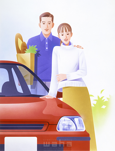 イラスト＆写真のストックフォトwaha（ワーハ）　人物、女性、男性、夫婦、カップル、車、記念撮影、ショッピング、デート、暮らし、日常、休日、生活、愛情、絆、カーライフ　カネヒラ・ヤスコ　5-1683c