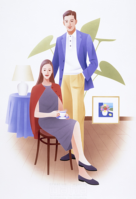 イラスト＆写真のストックフォトwaha（ワーハ）　人物、女性、男性、夫婦、カップル、座る、リビング、住宅、家、暮らし、日常、休日、生活、愛情、絆　カネヒラ・ヤスコ　5-1687c