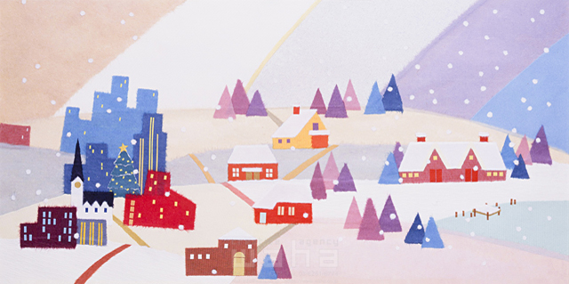 イラスト＆写真のストックフォトwaha（ワーハ）　クラフト、ちぎり絵、素朴、風景、町並み、田舎、住宅、自然、丘、植物、家、暮らし、生活、冬、街並み、都会、雪、クリスマス、イベント　鈴木 ゆみ子　5-1920c