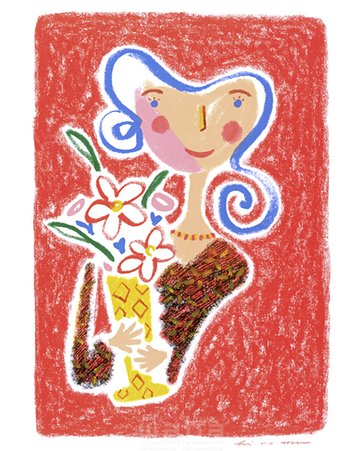 イラスト＆写真のストックフォトwaha（ワーハ）　クレヨン、色鉛筆、パステル、女性、愛情、植物、花、花瓶、奥さん　ひろむ・タナカ　5-1981b