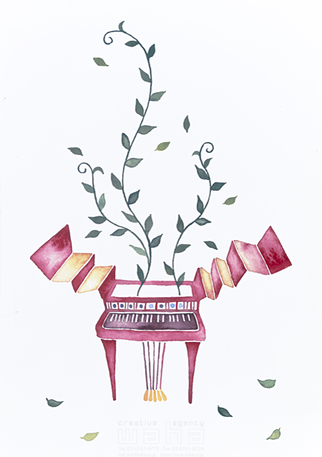 イラスト＆写真のストックフォトwaha（ワーハ）　水彩、植物、花、楽器、音楽、演奏、蔓、ピアノ　ささき みえこ　5-2158b