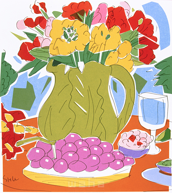 イラスト＆写真のストックフォトwaha（ワーハ）　カラフル、インテリア、植物、花、花瓶、暮らし、生活、住宅、家、果物、フルーツ　晴 秀三　5-2216b