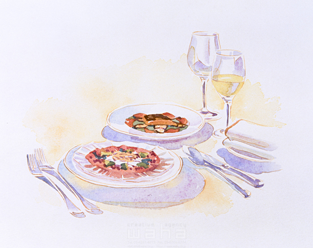 イラスト＆写真のストックフォトwaha（ワーハ）　水彩、ディナー、レストラン、イタリアン、フレンチ、食器、ワイングラス、マナー、外国、食事、ワイン、食べ物　林 正良　5-2481b
