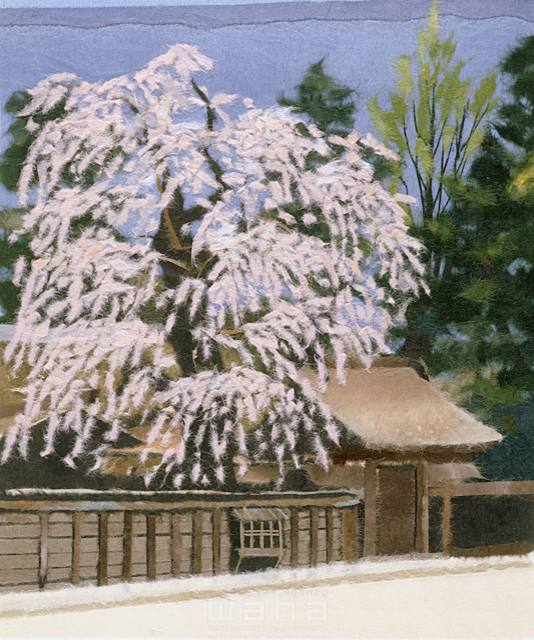 イラスト＆写真のストックフォトwaha（ワーハ）　風景画、和、和風、桜、日本家屋、純和風、無人、ちぎり絵　彦坂 禮三　5-2700b