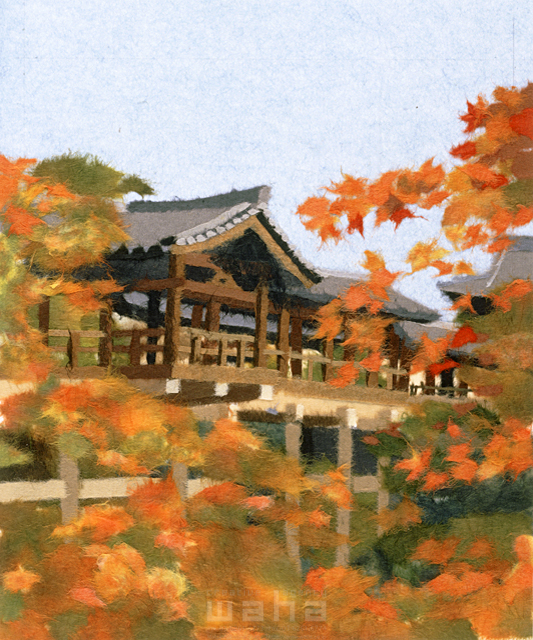 イラスト＆写真のストックフォトwaha（ワーハ）　風景画、自然、ナチュラル、紅葉、お寺、秋、清水寺、無人、ちぎり絵　彦坂 禮三　5-2704b