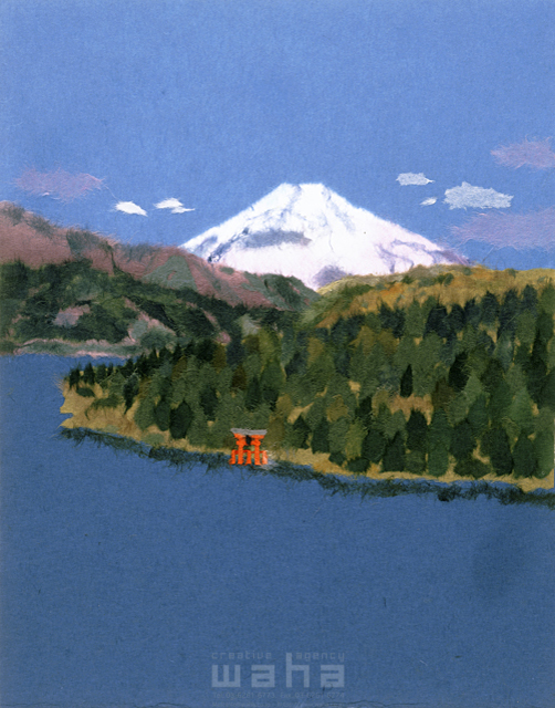 風景画 自然 ナチュラル 和風 夏 富士山 芦ノ湖 鳥居 無人 青空 ちぎり絵 イラスト作品紹介 イラスト 写真のストックフォトwaha ワーハ