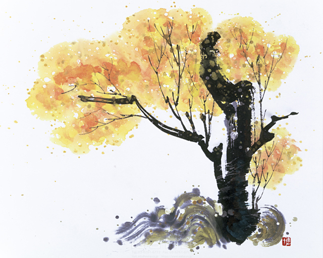 イラスト＆写真のストックフォトwaha（ワーハ）　水墨画、自然、ナチュラル、樹木、紅葉、和、無人、淡い、エコロジー　増山 博　5-2732b