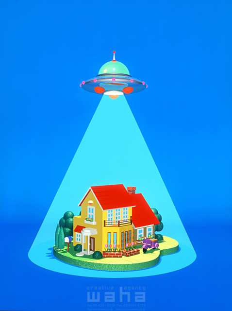 イラスト＆写真のストックフォトwaha（ワーハ）　UFO、乗り物、建物、家、夢-ローン、マイホーム、登場　たつき かおる　6-0139c