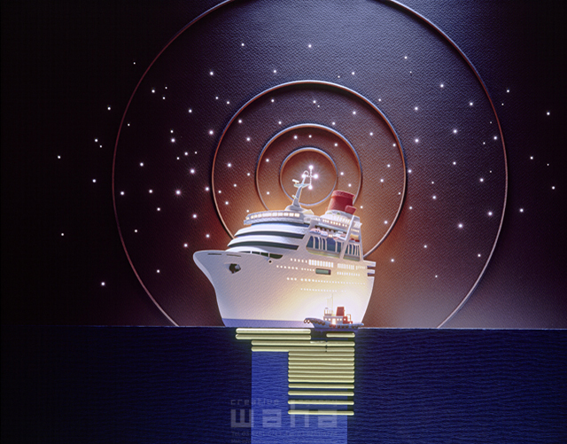 イラスト＆写真のストックフォトwaha（ワーハ）　船、豪華客船、クルーザー、海、自然、夜、光、星、宇宙、ペーパークラフト、神秘的、夢　深谷 亜巍　6-1153c