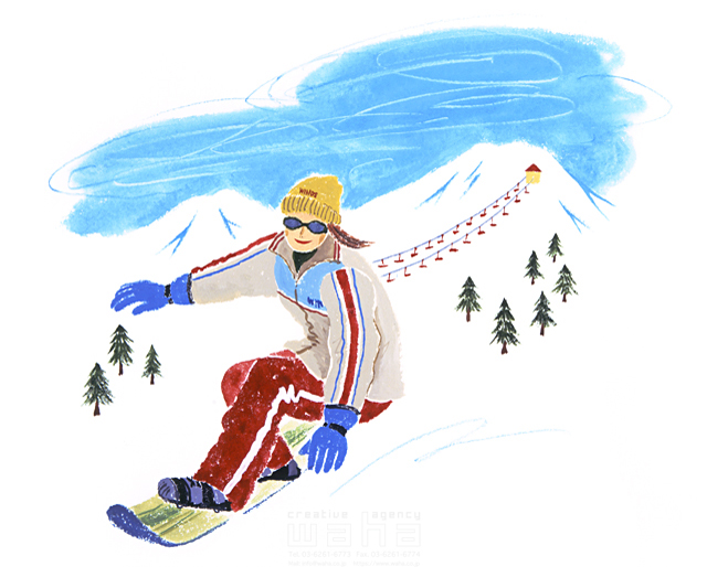 イラスト＆写真のストックフォトwaha（ワーハ）　人物、女性、20代、31代、レジャー、冬、スノボー、スポーツ、スキー場、ウィンタースポーツ、若者　サトー・ノリコ　6-1631b