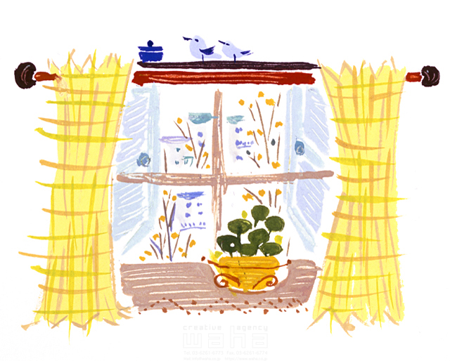 イラスト＆写真のストックフォトwaha（ワーハ）　室内、窓、植物、ロハス、部屋、カーテン、出窓、朝　中野 和美　6-1731b