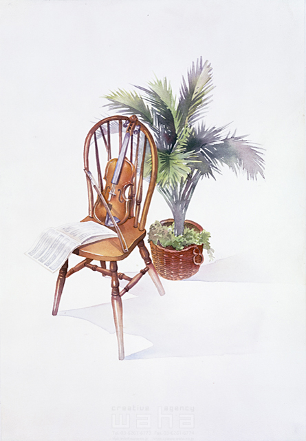 イラスト＆写真のストックフォトwaha（ワーハ）　インテリア、オブジェ、椅子、楽器、バイオリン、演奏、植物、趣味、ロハス、音楽、趣味、室内、生活、暮らし、アンティーク　タカヒロ　6-1770b