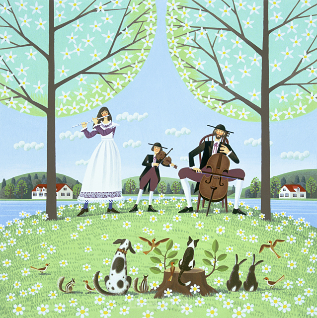 イラスト＆写真のストックフォトwaha（ワーハ）　人物、自然、家族、親子、夫婦、男性、女性、父親、母親、子供、男の子、野原、植物、花、演奏、音楽、楽器、楽しい、動物、犬、猫、うさぎ、花畑、メルヘン、ファンタジー、バイオリン、コンサート　日向山 寿十郎　6-1802c