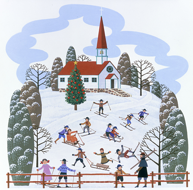 イラスト＆写真のストックフォトwaha（ワーハ）　人物、自然、子供、集団、人々、団体、スキー、ウィンタースポーツ、冬、雪、スキー場、遊ぶ、クリスマス、教会　日向山 寿十郎　6-1821c