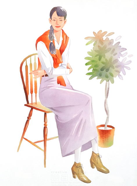イラスト＆写真のストックフォトwaha（ワーハ）　女性、リビング、花、インテリア、水彩　タカヒロ　7-1340b